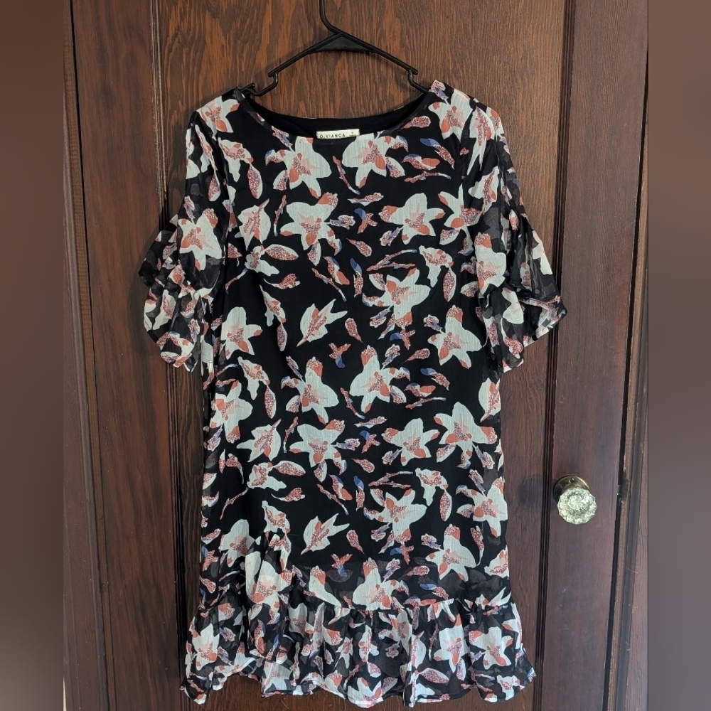 O. Vianca  floral short ruffle sleeve mini dress size Medium